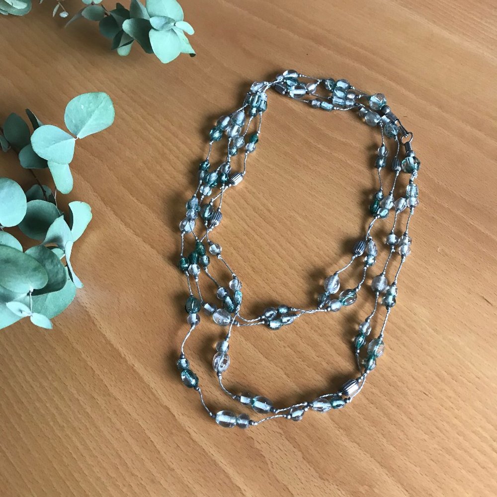 VINTAGE Long Glass Beaded Necklace Blue Silver GUC